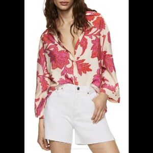 Mango Floral Print Flowy Off-White Blouse XS (2)